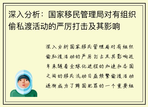 深入分析：国家移民管理局对有组织偷私渡活动的严厉打击及其影响