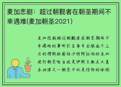 麦加悲剧：超过朝觐者在朝圣期间不幸遇难(麦加朝圣2021)