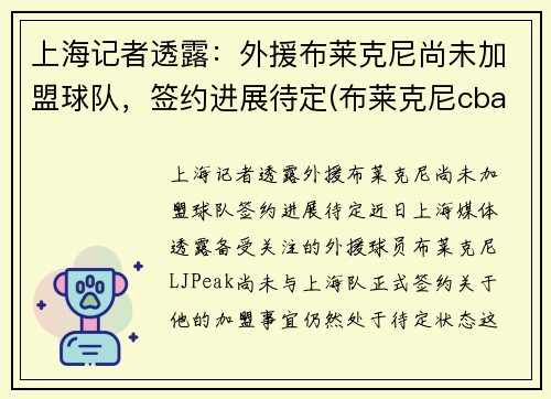 上海记者透露：外援布莱克尼尚未加盟球队，签约进展待定(布莱克尼cba数据)